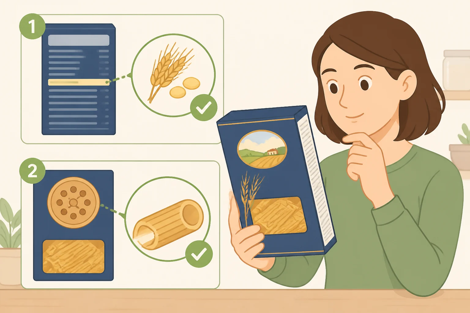 Grocery shopper reading a pasta box ingredient list for durum wheat semolina and water only and looking for bronze-cut language on the label