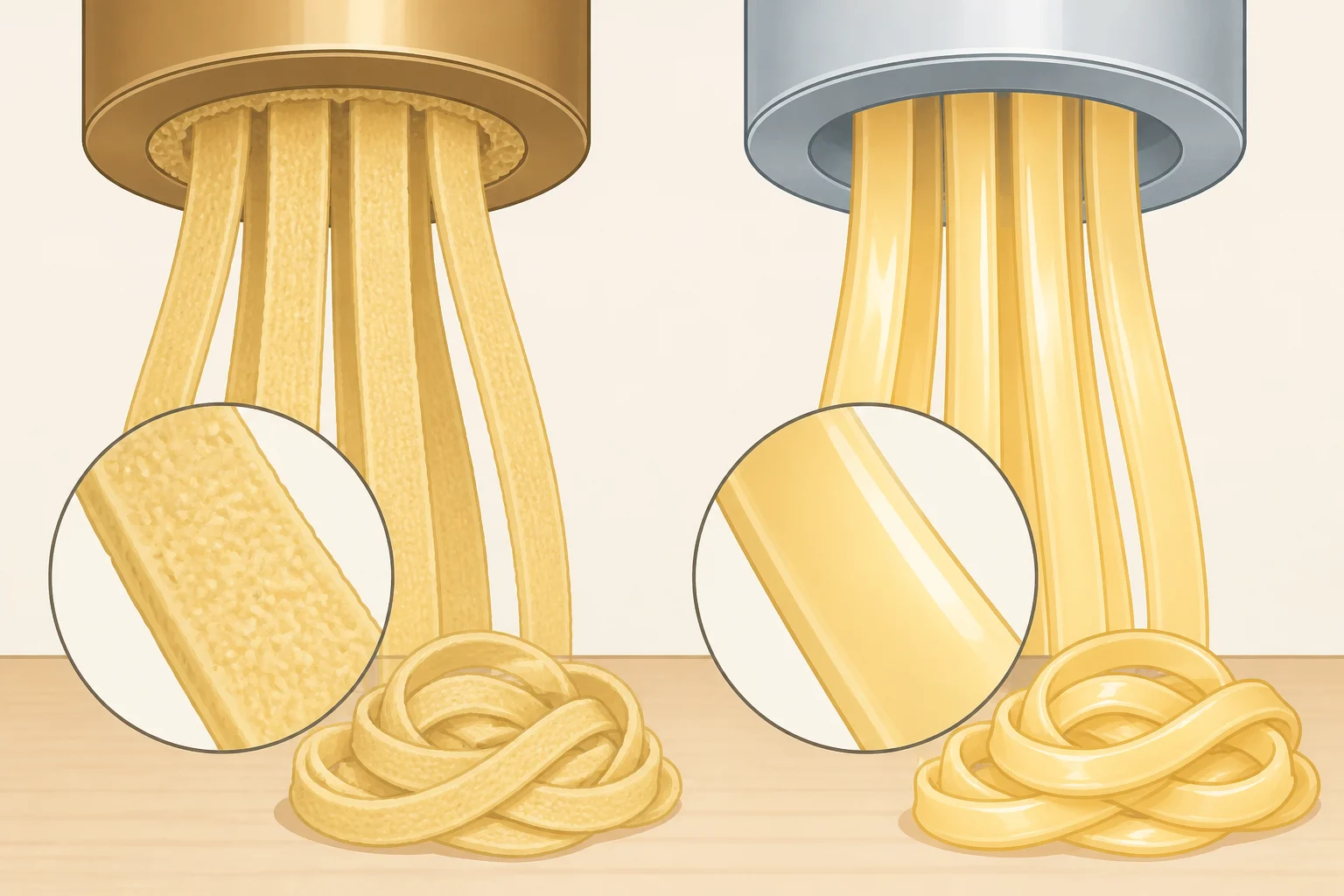 Close-up comparison of bronze-cut and Teflon-cut dried pasta surfaces, showing the rough matte finish of bronze-cut for best grocery store pasta texture