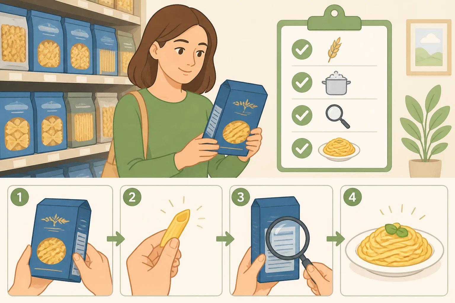 At-a-glance checklist used in the pasta aisle: durum wheat semolina and water, bronze-cut or matte rough noodles, golden intact strands, and shape matched to the planned sauce