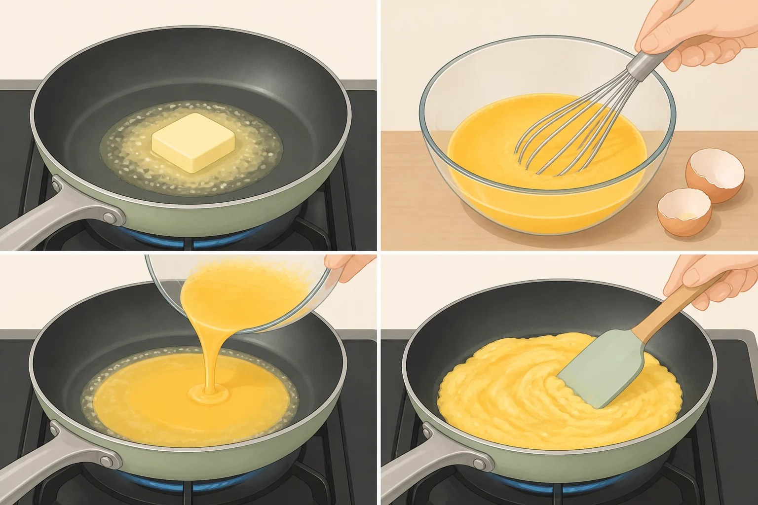 Illustration of a nonstick skillet with low-melt butter and a whisked egg-starch slurry being stirred in gentle sweeping motions