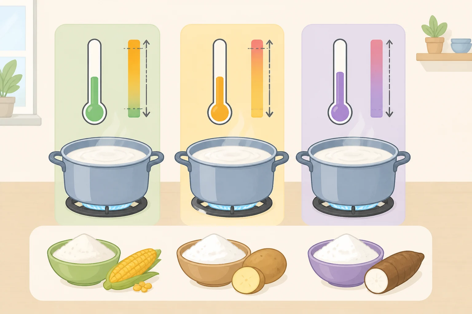 Illustration comparing gelatinization temperature ranges for tapioca, potato, and cornstarch to explain why cornstarch may need extra time or heat