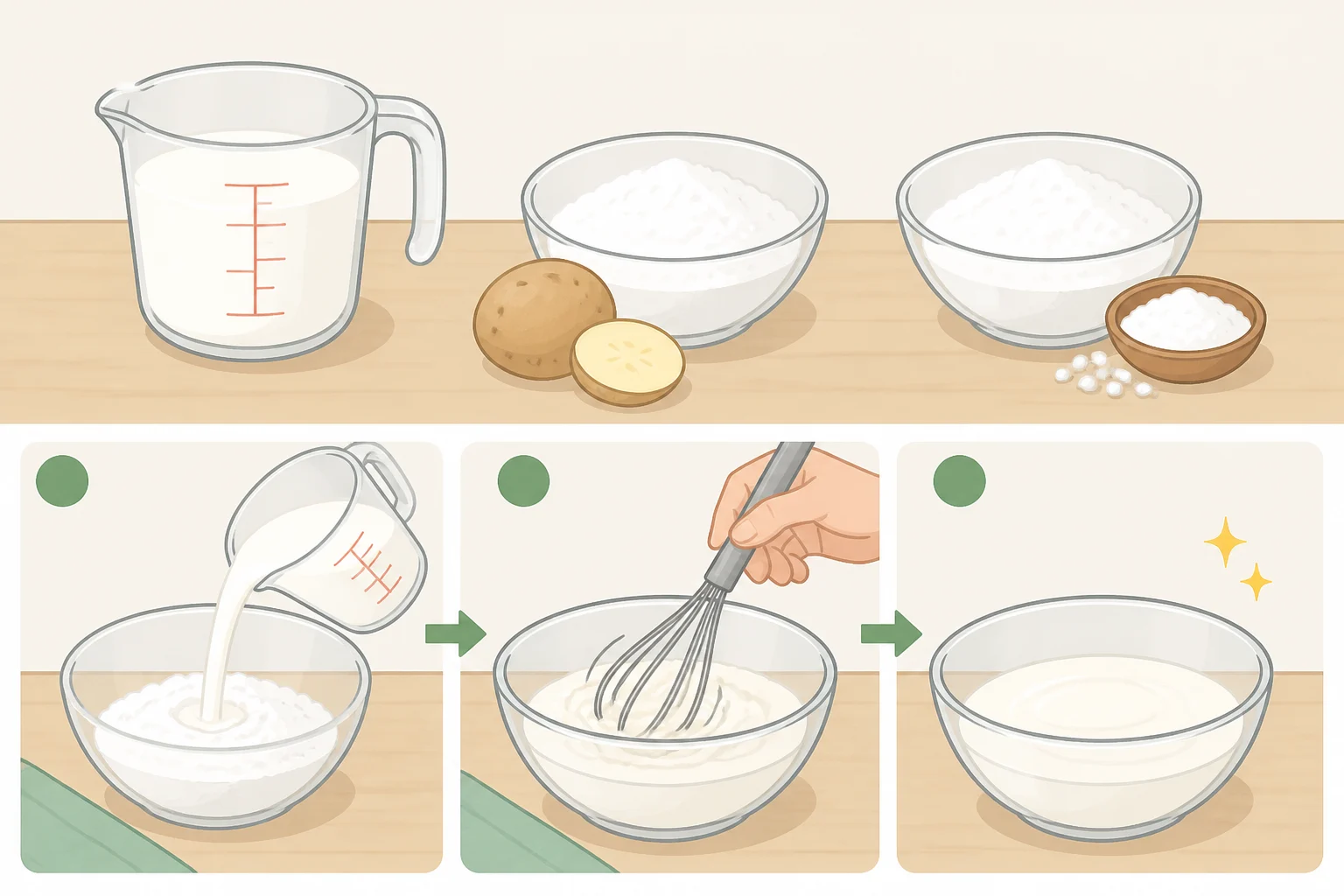 Illustration of measuring potato or tapioca starch and half-and-half in a small bowl to make a smooth slurry for cornstarch scrambled eggs style texture