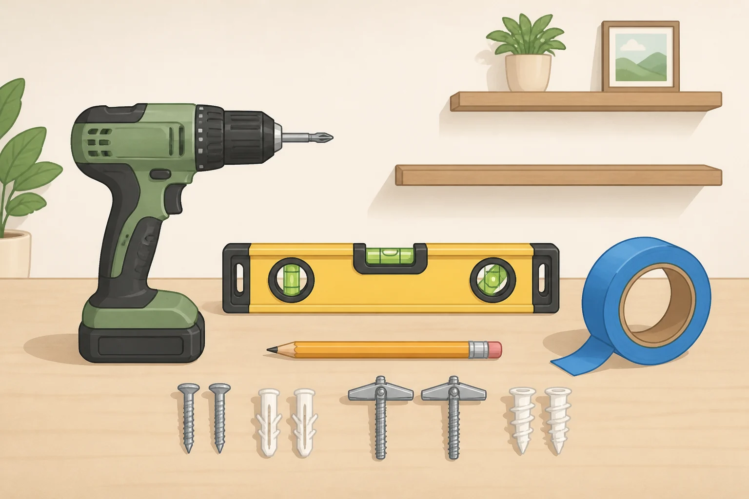 Tools and supplies laid out for an IKEA EKET shelf hack, including a drill, level, pencil, painter's tape, and wall anchors matched to drywall or masonry