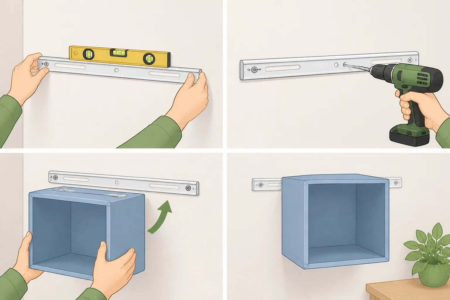 Close-up of marking, drilling, and installing an EKET wall suspension rail, then hanging the first cube and verifying it sits flush
