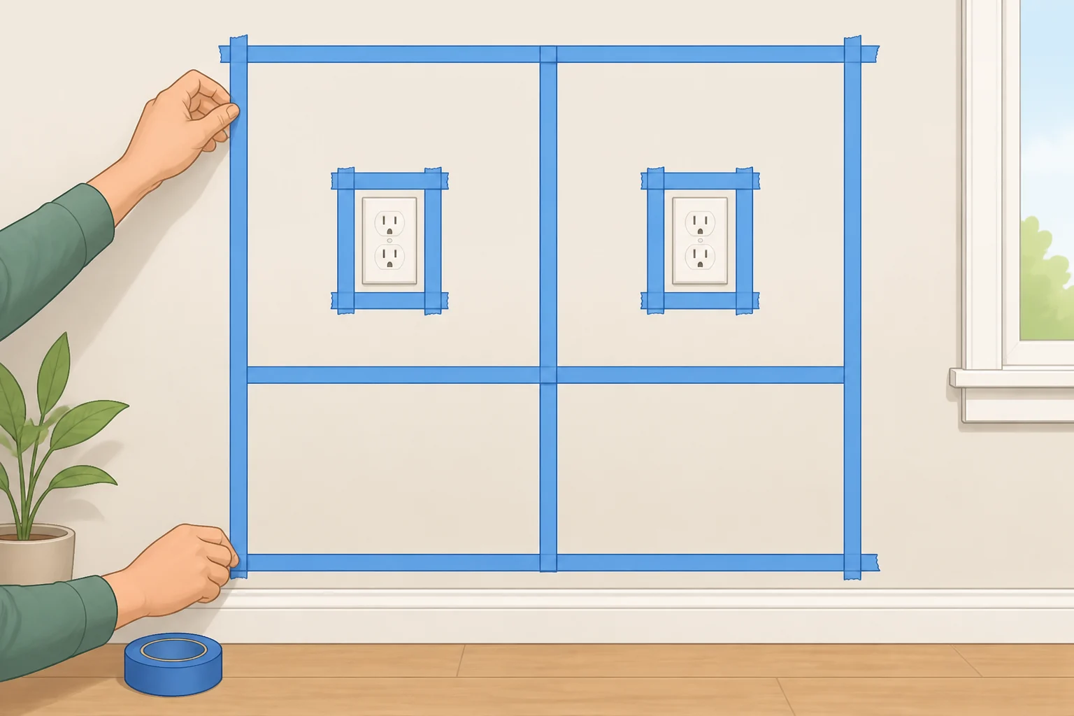 Painter's tape outline for a 2x2 IKEA EKET grid showing roughly 29½-inch width and height with 2-inch gaps between cubes