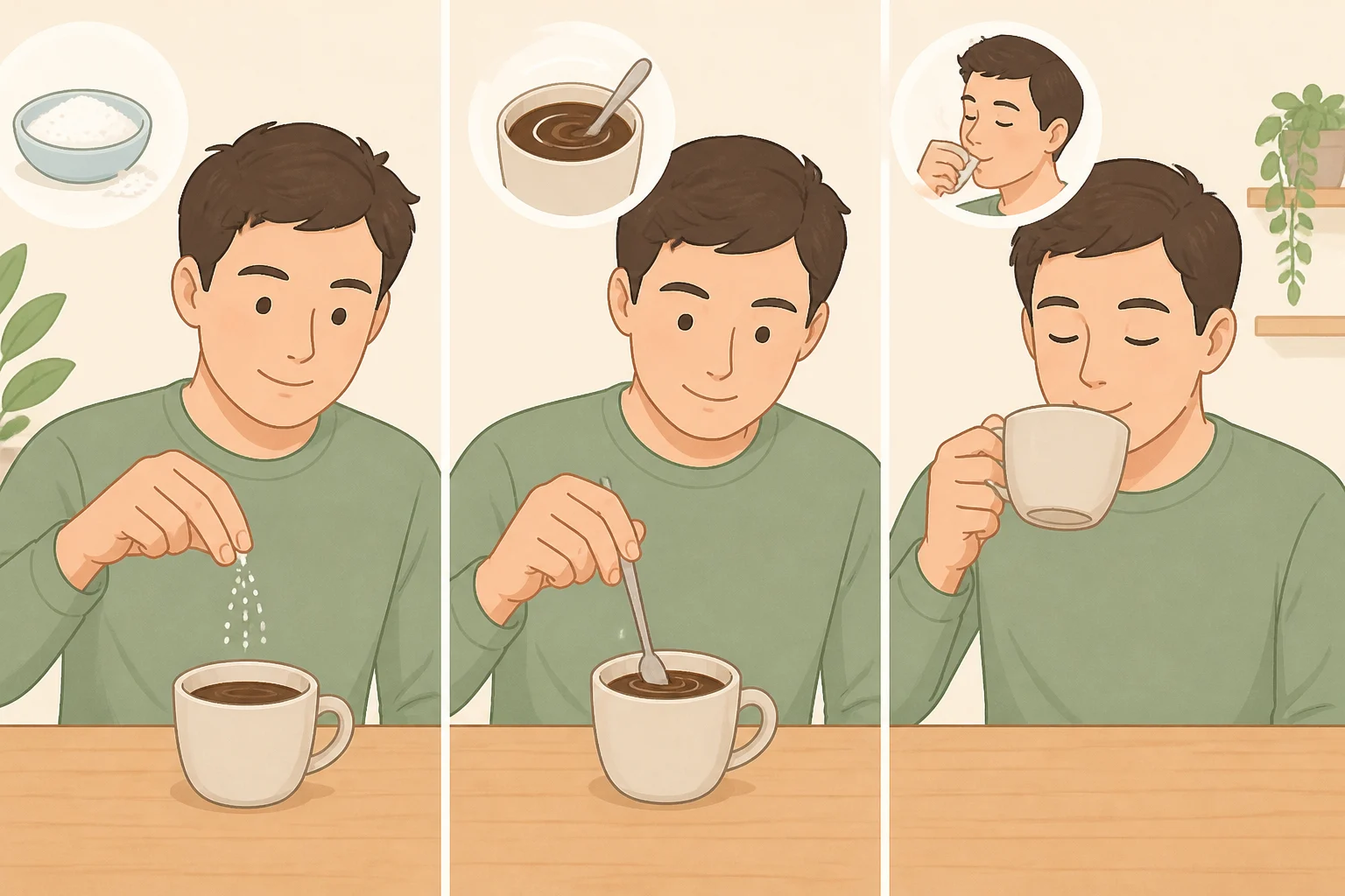 Barista-style scene adding a tiny pinch of salt to a finished cup, stirring, and tasting to reduce perceived bitterness