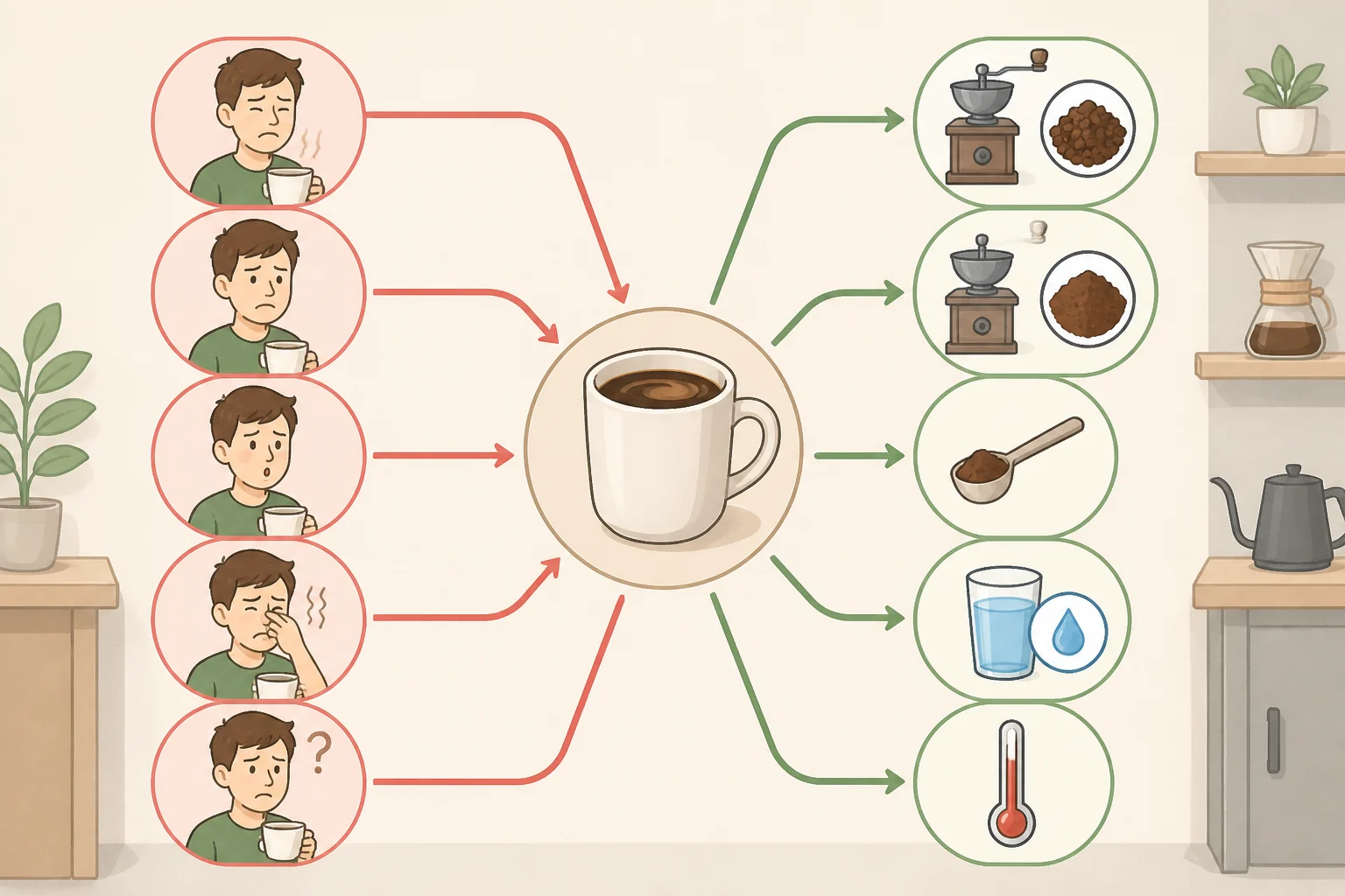 Decision guide mapping dull or flat coffee to fresh grinding, sour/thin manual brews to blooming, and bitter cups to a pinch of salt