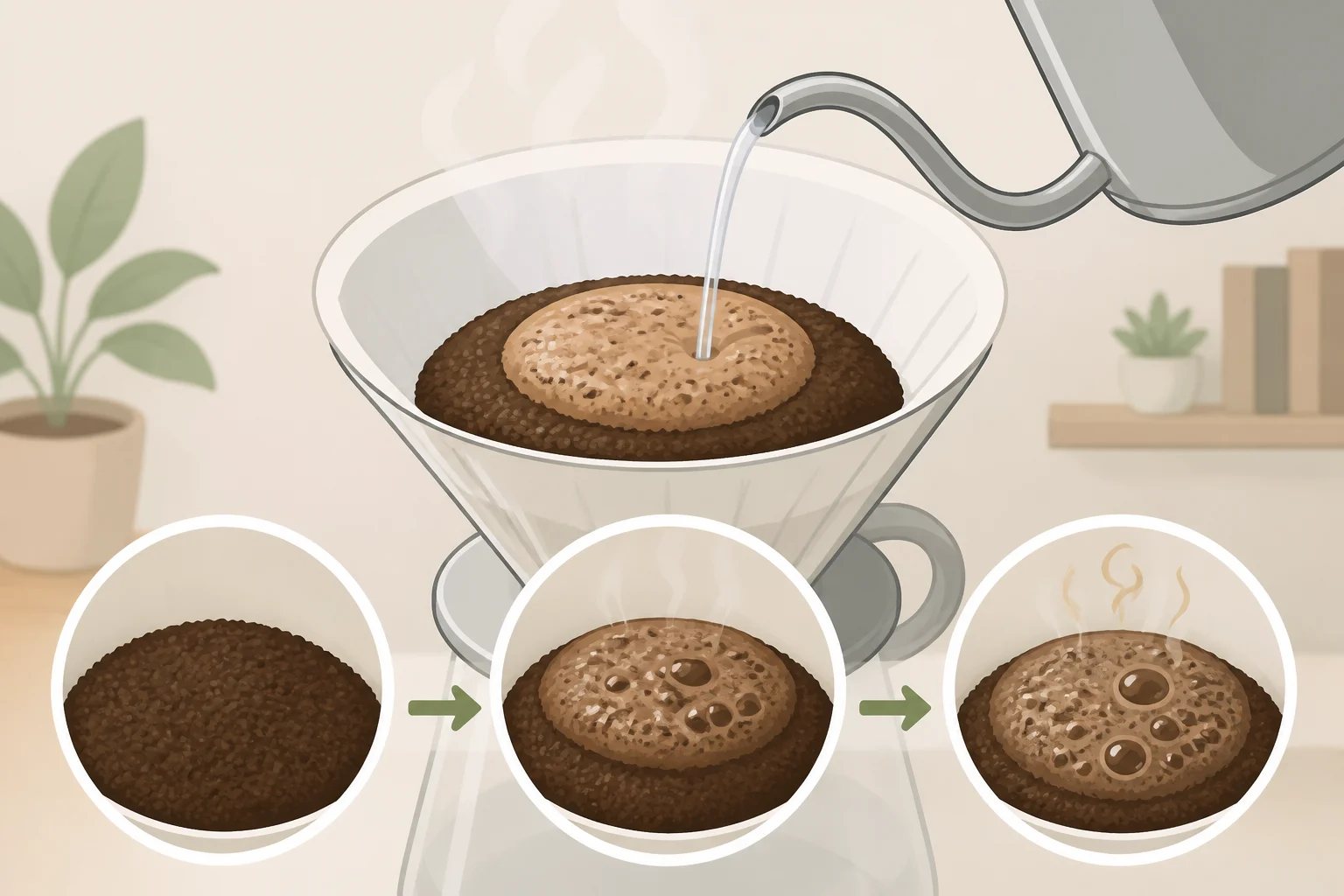 Illustration of coffee blooming right after hot water contacts freshly ground coffee—showing visible gas release that supports coffee hacks to make coffee taste better