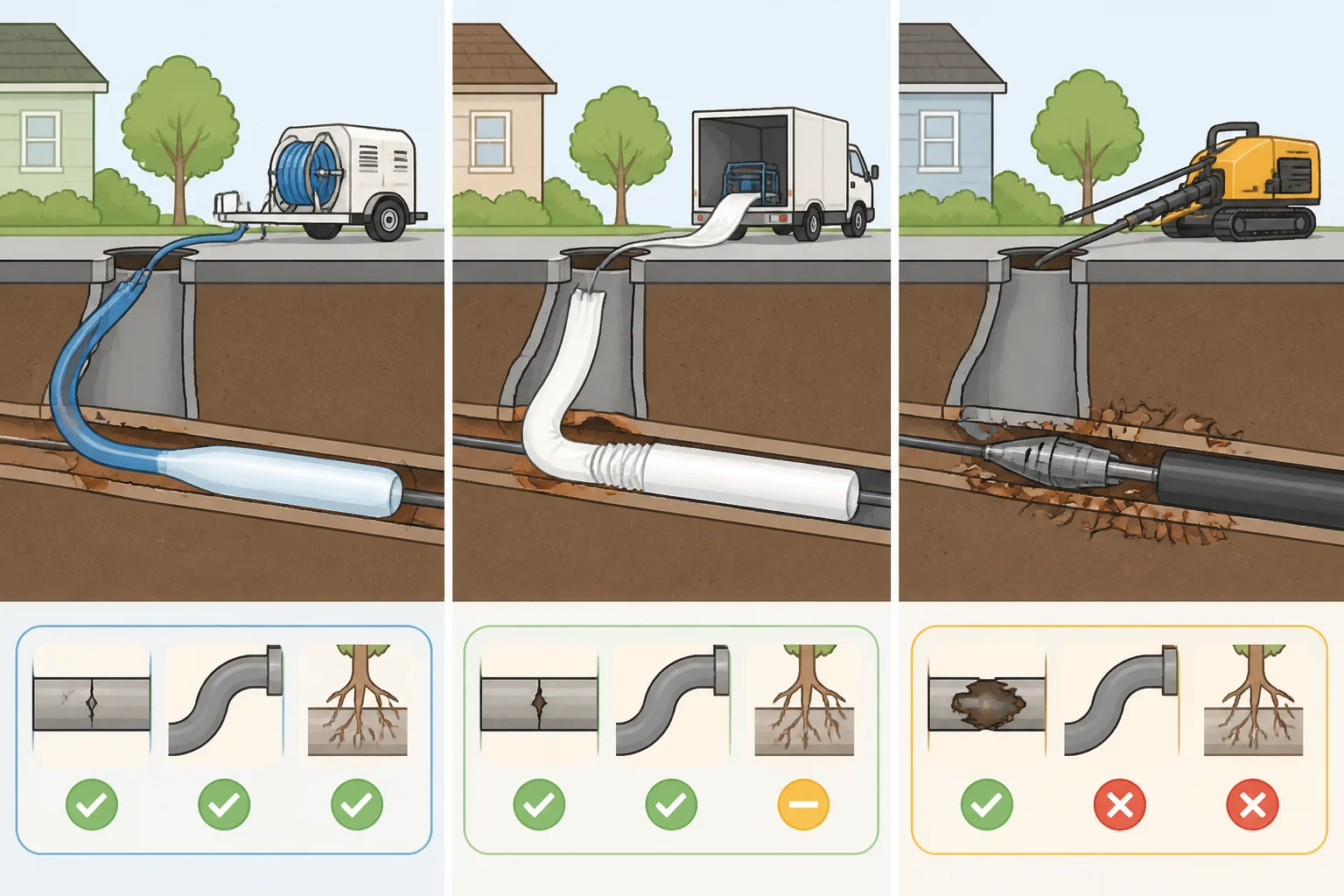 Illustration comparing trenchless sewer repair methodsCIPP close-fit lining, fold-and-form lining through access points, and pipe bursting pulling a new pipe through a fractured old linehighlighting when each option fits the pipe condition