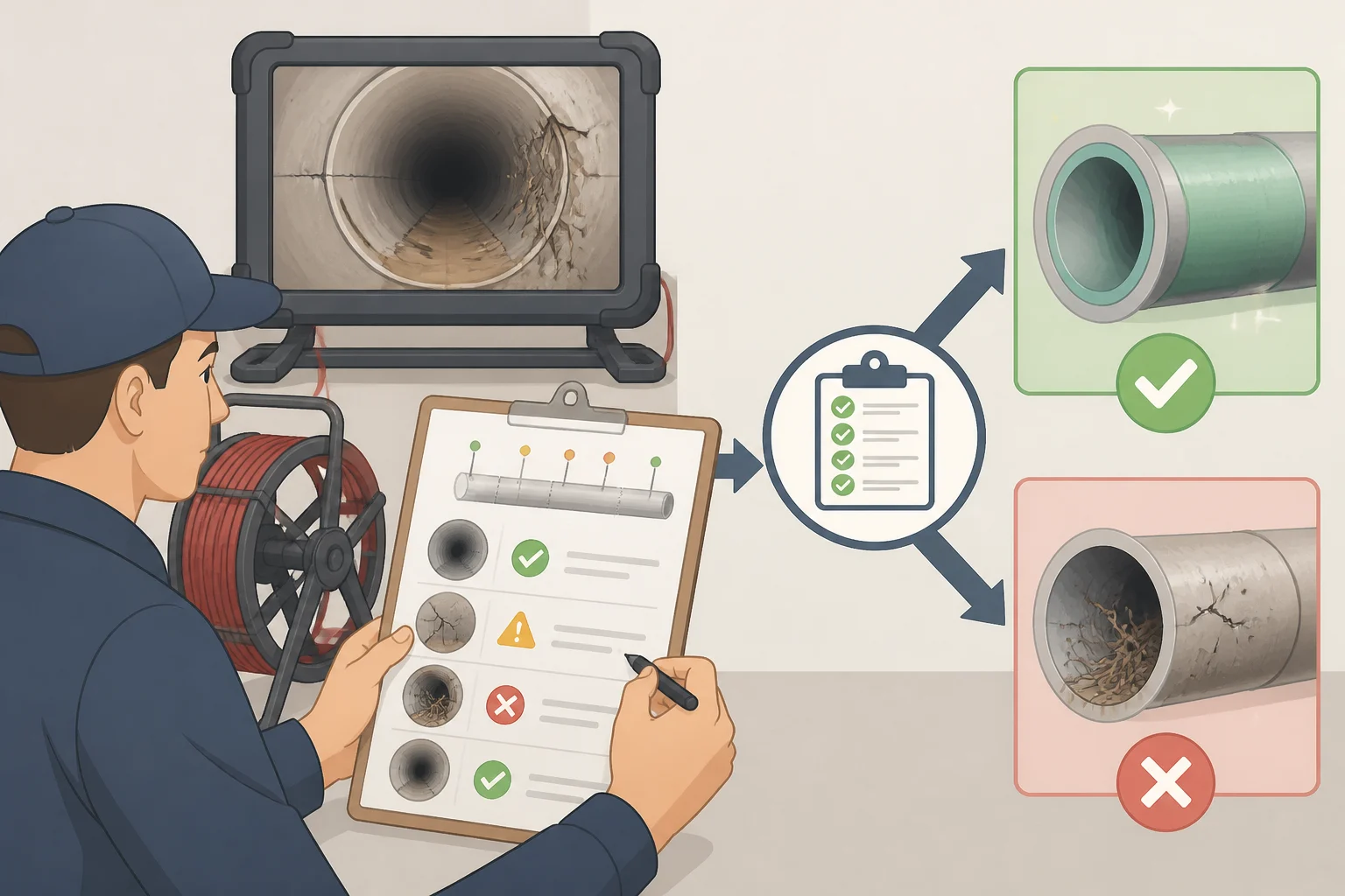 Illustration of a sewer inspection technician reviewing closed-circuit camera footage and a condition checklist indicating obstruction, collapse/crushing, and cross-sectional area reduction limits for lining eligibility