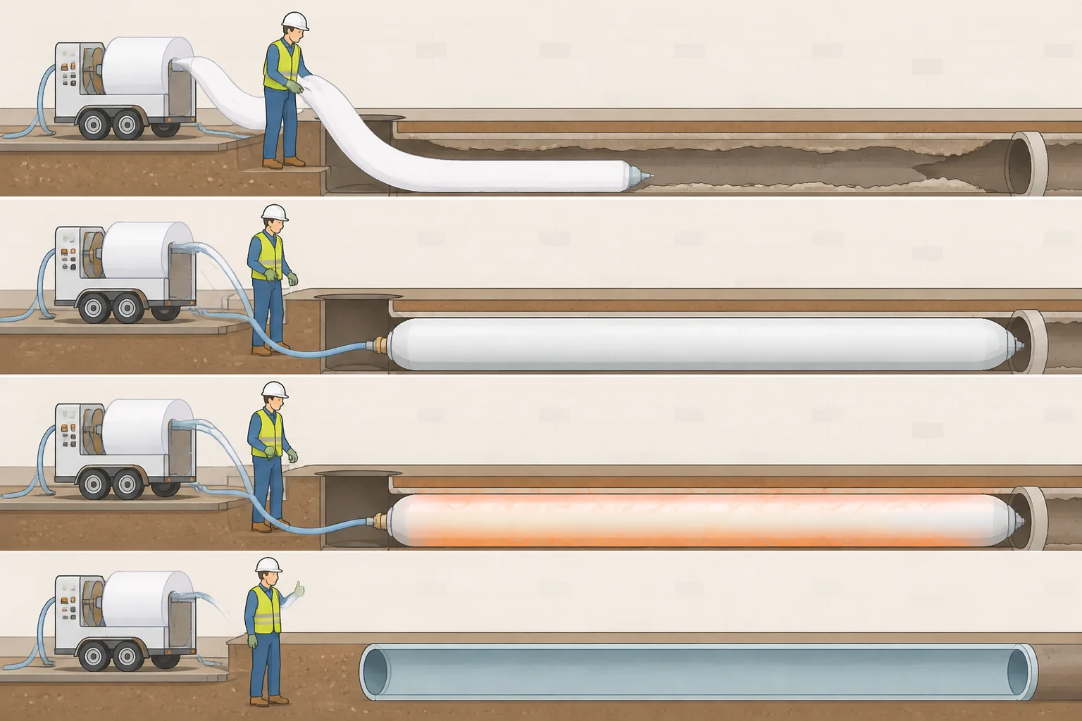 Illustration of trenchless sewer pipe repair using CIPP lining, showing a resin-saturated tube inserted into a damaged sewer pipe and cured by UV/LED light to form a tight new inner wall