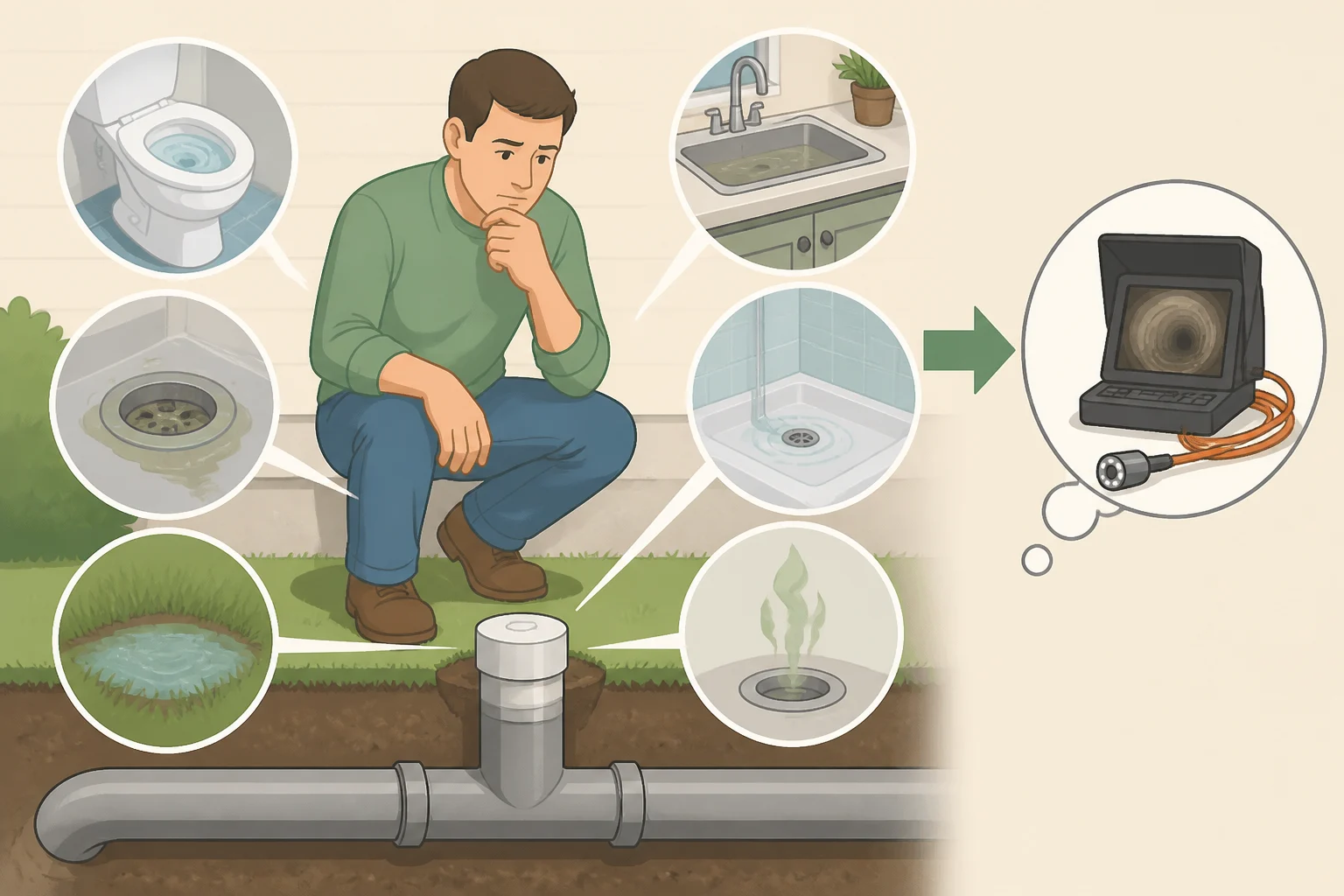 Illustration of a homeowner noticing slow drains, gurgling toilets, and a sewage odor near a cleanout while preparing to schedule a professional sewer camera inspection