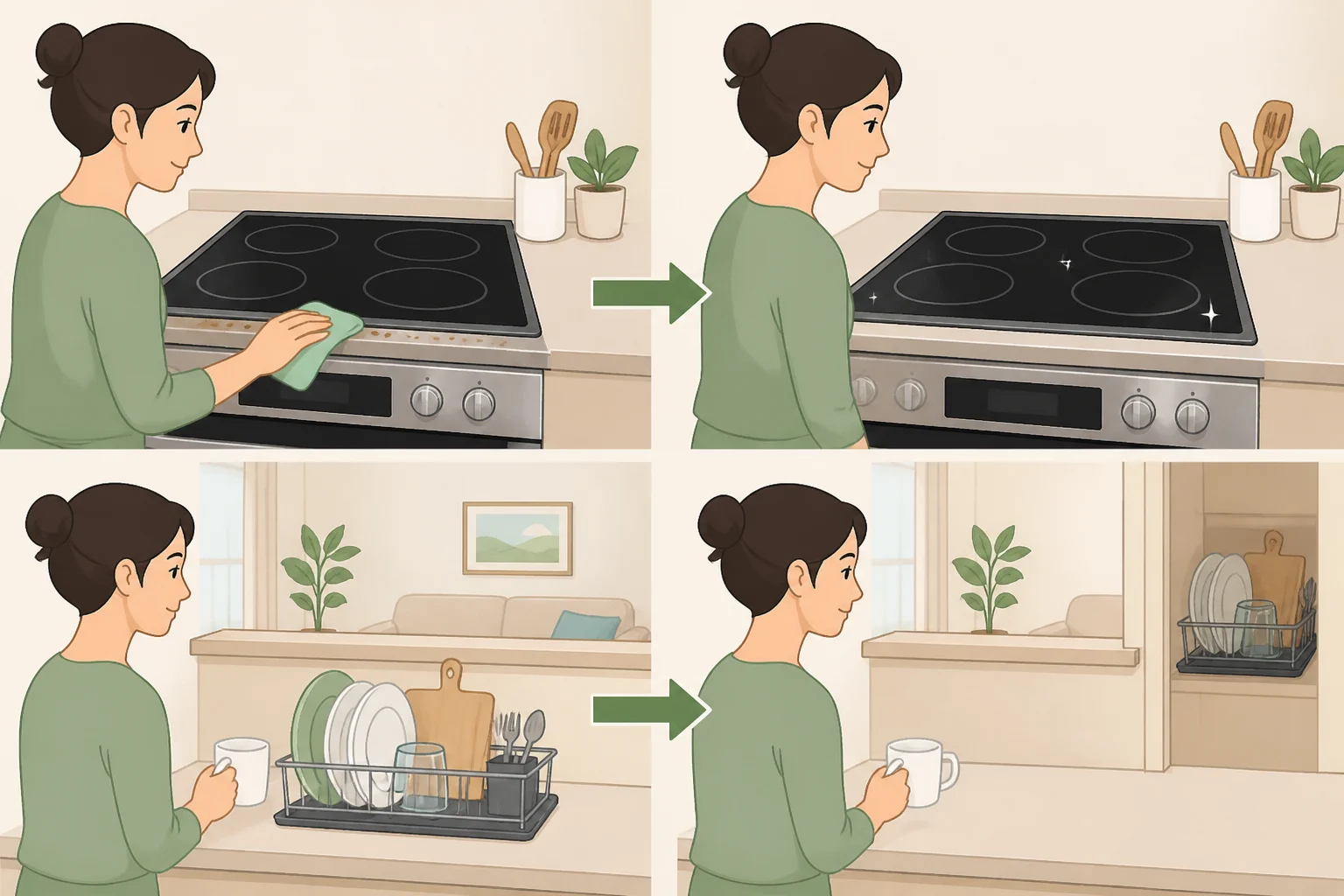 Checklist-style kitchen scene showing the cooktop front edge wiped clean and a drying rack emptied or slid to the side so nothing distracts from the doorway
