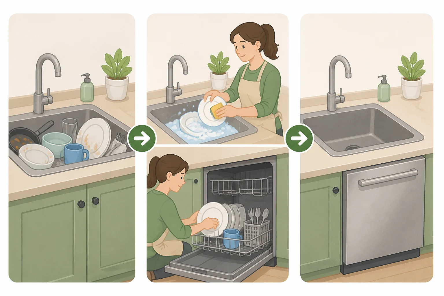 Person clearing a cluttered kitchen sink by washing a few dishes and loading the dishwasher, emphasizing that a full sink reads as unfinished