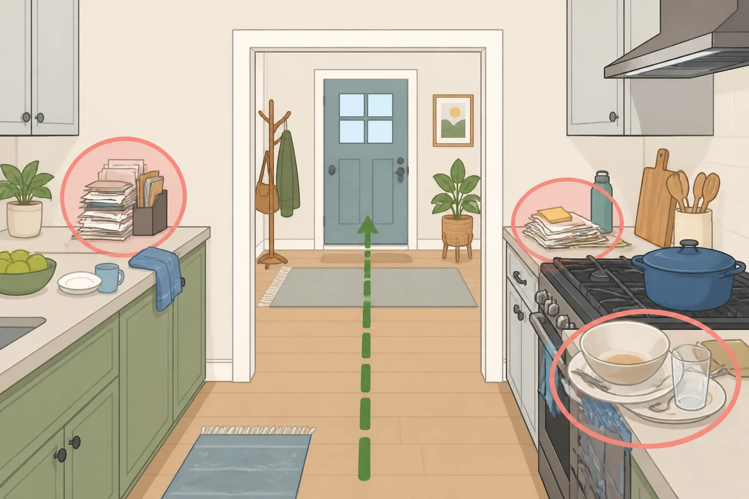 View from the doorway showing the direct sightline across a kitchen with a sink dish pile, a trash bin, unopened mail, and takeout containers—where kitchen details guests notice first get concentrated