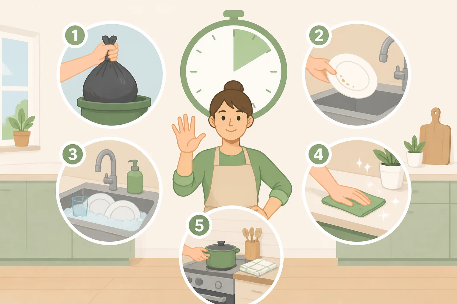 Timer-based five-minute reset plan showing trash removal, sink clearing or dishwasher shut, and removing the single most distracting item from the doorway line