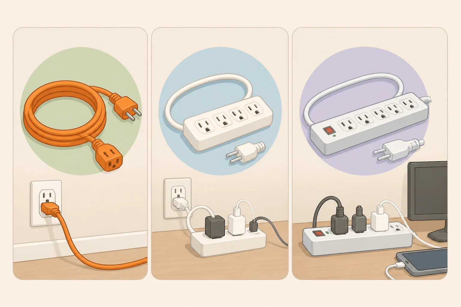 Illustration comparing an extension cord that extends one plug, a power strip/movable power tap that plugs directly into the wall, and a surge protector with spike protection but a shared load limit