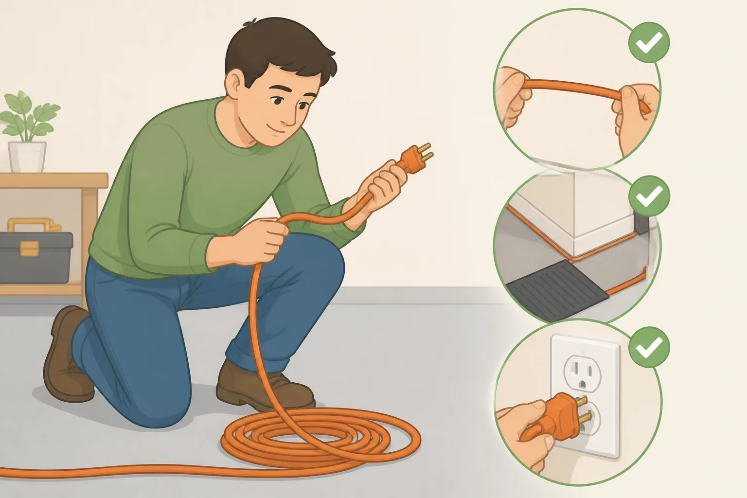 Illustration of an extension cord being inspected end-to-end for cracks, discoloration, pinched routing under furniture, and a firm prong connection before deciding if it is safe to leave an extension cord plugged in all the time