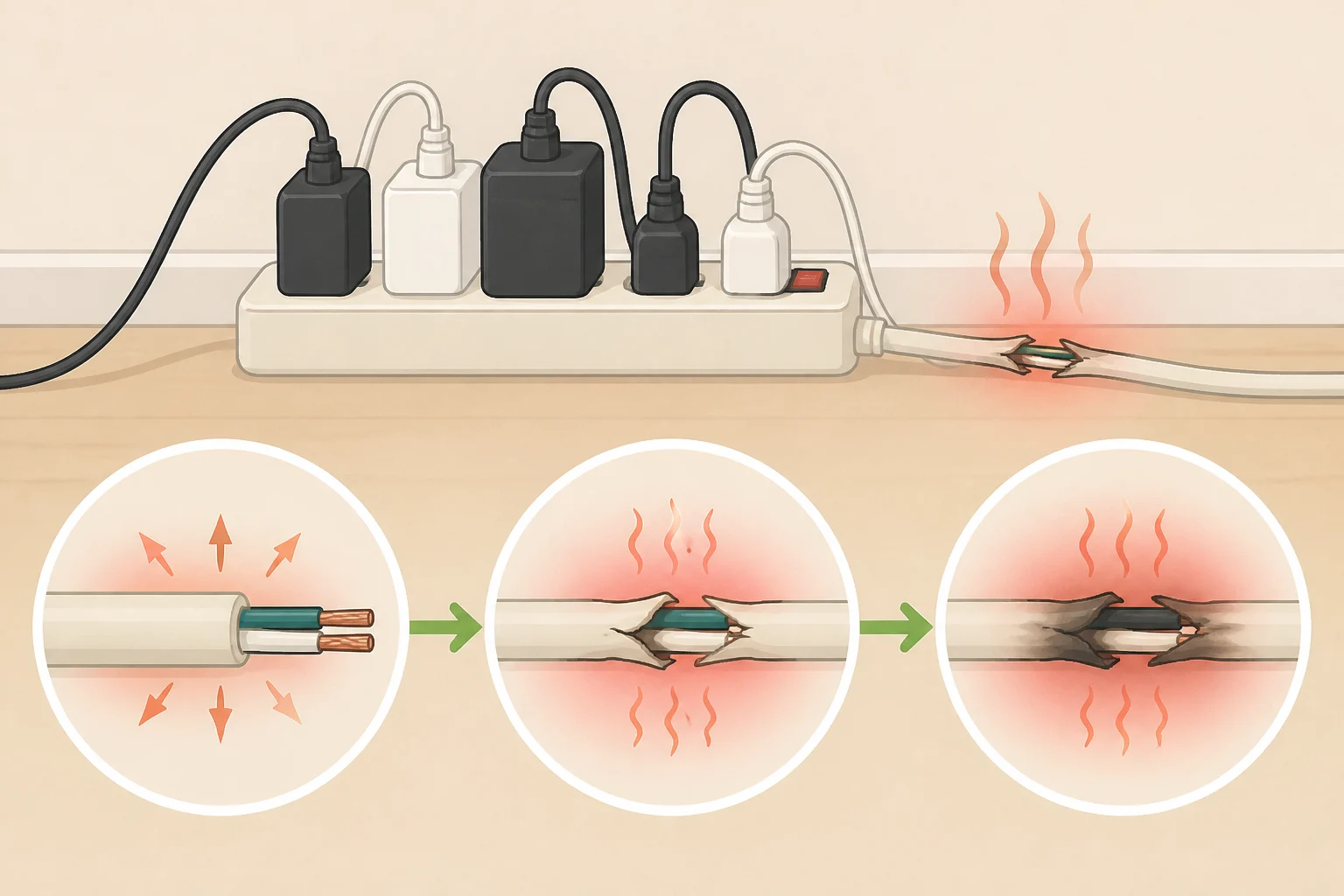 Illustration of a cracked or exposed-wire extension cord pinned under furniture and coiled tightly, emphasizing reduced heat dissipation and the risk factors behind extension-cord fires