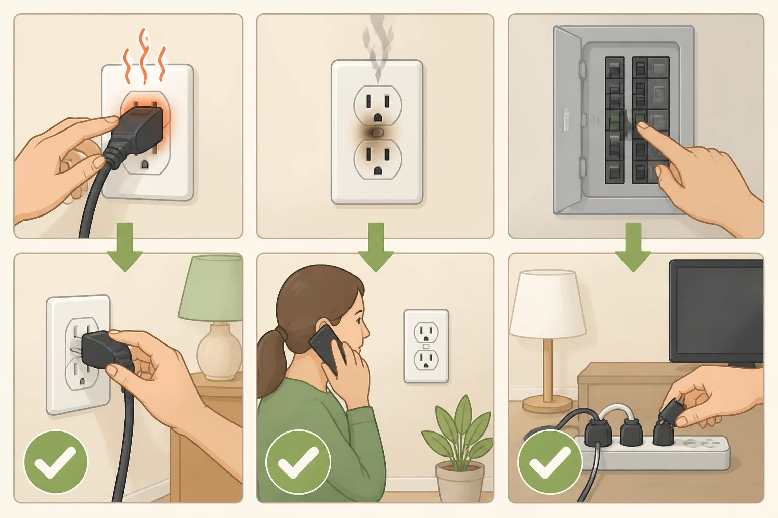 Illustration showing a homeowner stopping use for a warm plug, turning off the breaker only if safe for a hot or sparking outlet, and disconnecting a load after repeated breaker trips