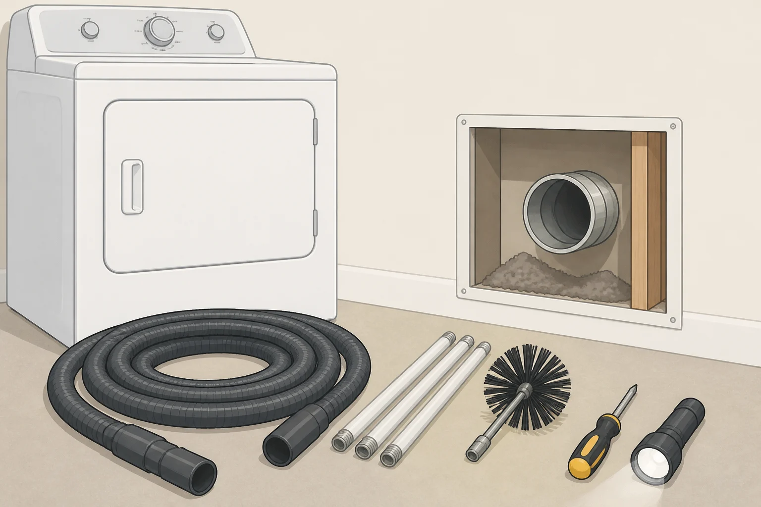 Tools for cleaning a dryer vent—vacuum with hose, flexible dryer vent brush kit, screwdriver, and flashlight—ready for use