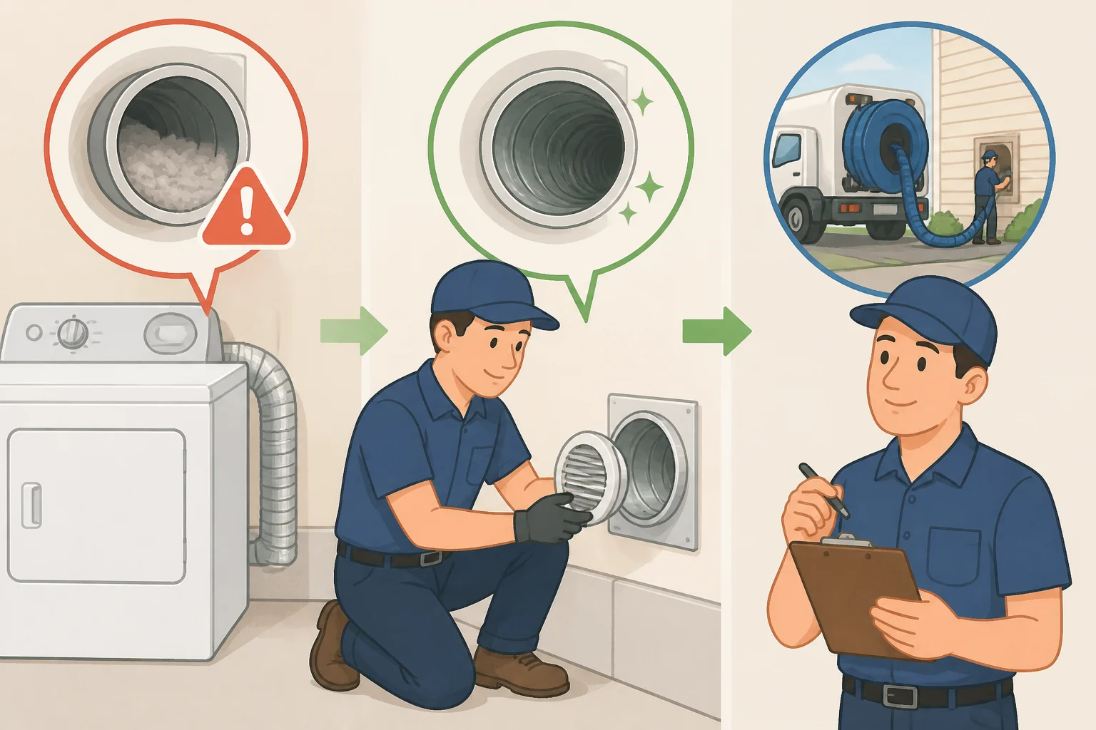 A dryer showing an AF or Check Vent alert while a technician prepares to inspect and clean the entire exhaust run