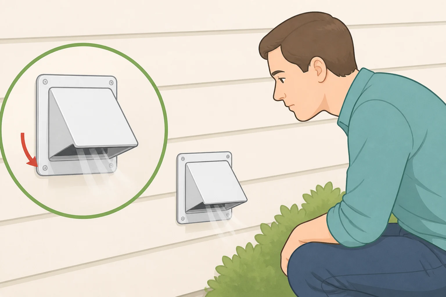 A person checking an outdoor dryer vent flap that barely moves, indicating possible clogging in the exhaust path