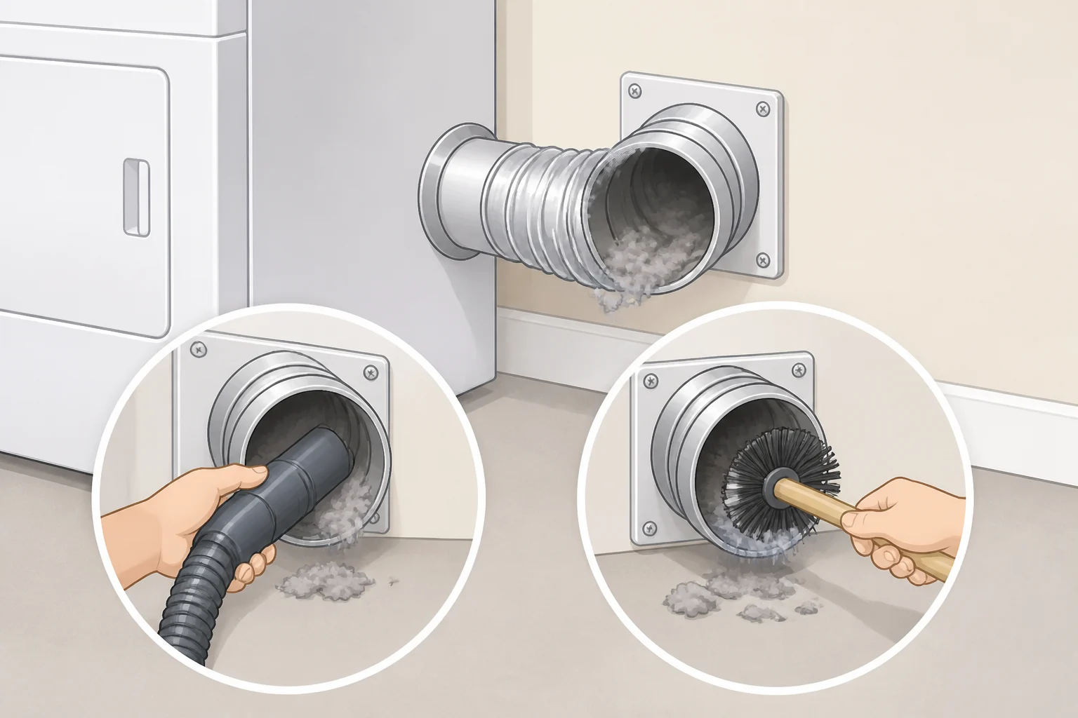 A technician vacuuming and using a flexible brush kit to remove lint from a clean dryer vent connection and first duct section
