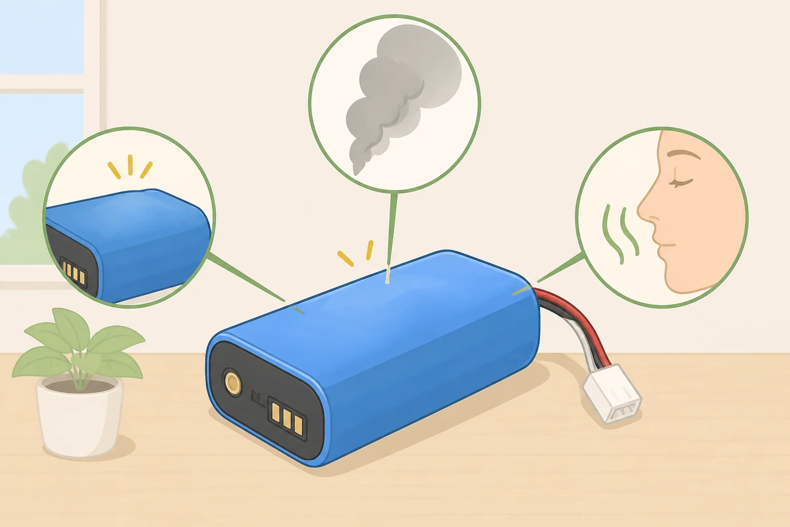 Homeowner viewing a damaged lithium-ion battery (phone/e-bike pack) with visible discoloration, leaking, or swelling, with arrows pointing to smoke/fire and the signs that indicate weird noises in house and what they mean for battery failure