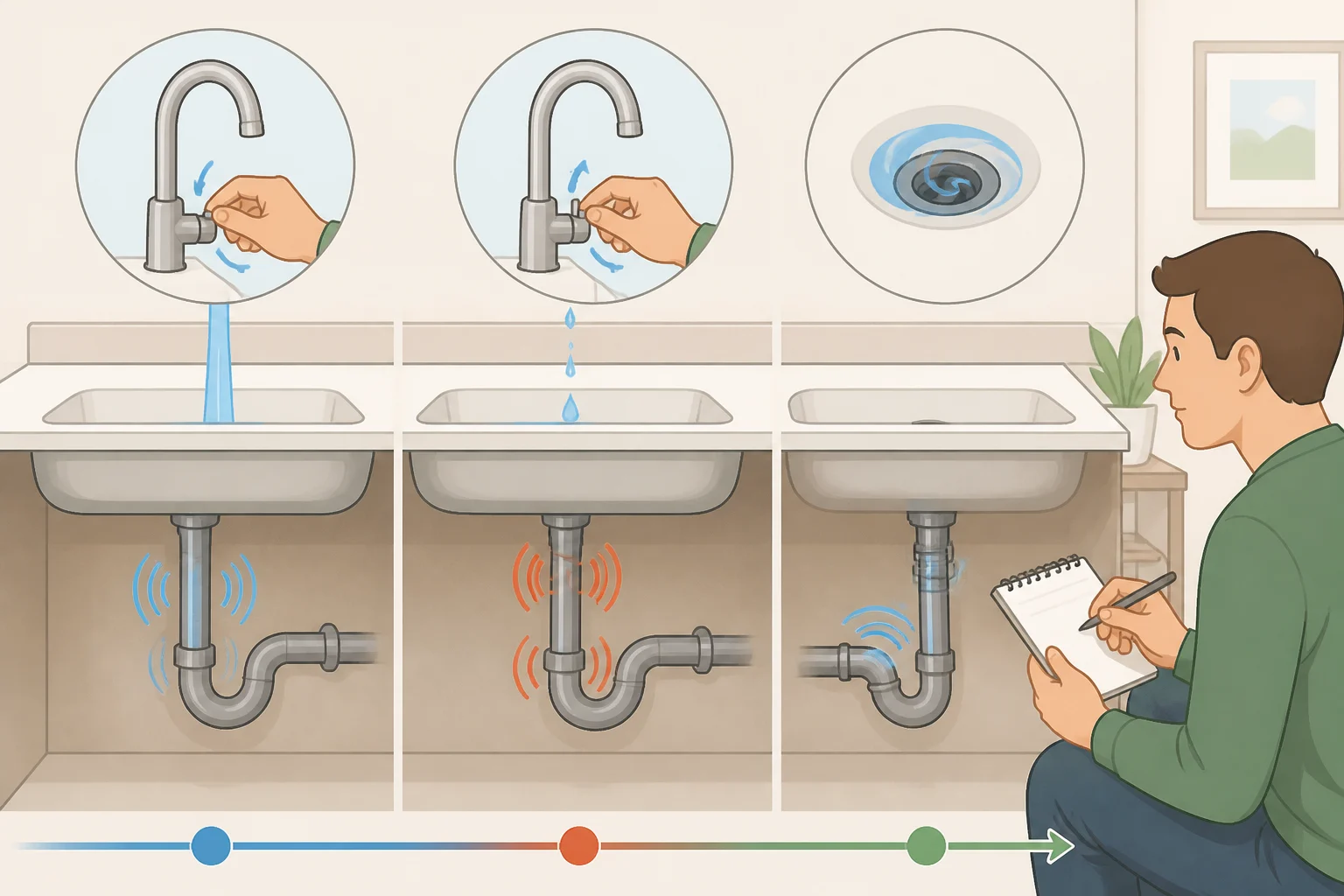 Illustration of a faucet and washing machine drain with a timeline overlay showing when banging at shutoff or gurgling during/after draining occurs at a specific fixture
