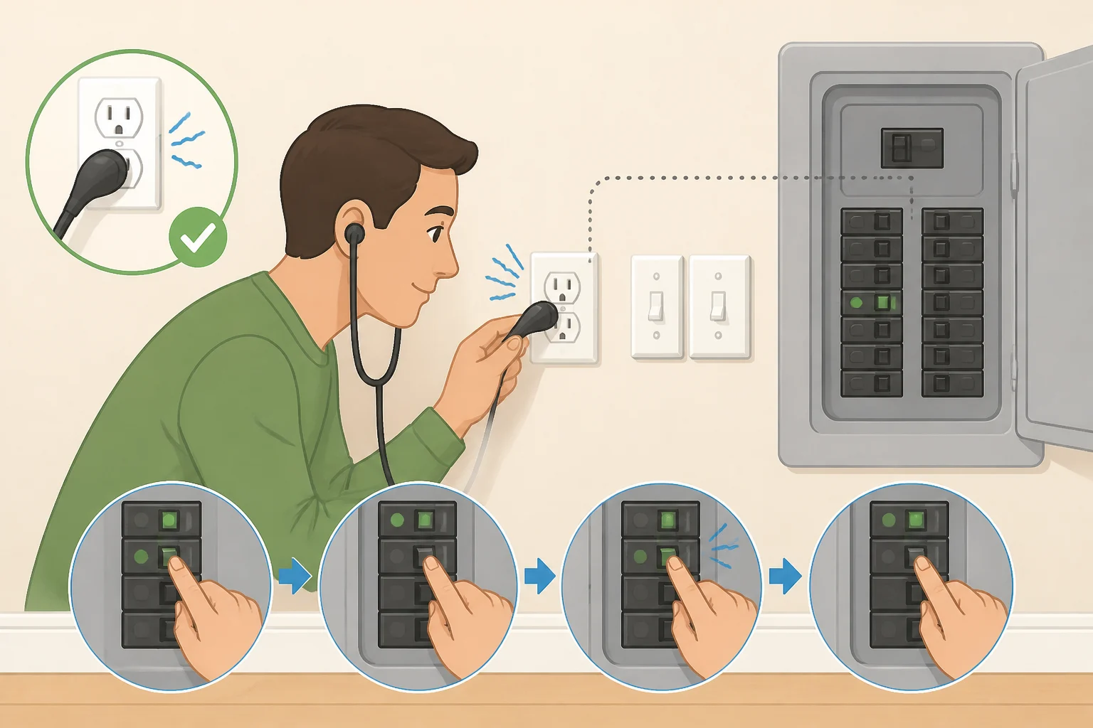 Illustration of a homeowner locating a constant buzzing outlet and noting the specific room and switch/breaker label without touching the outlet slots or removing any panel cover