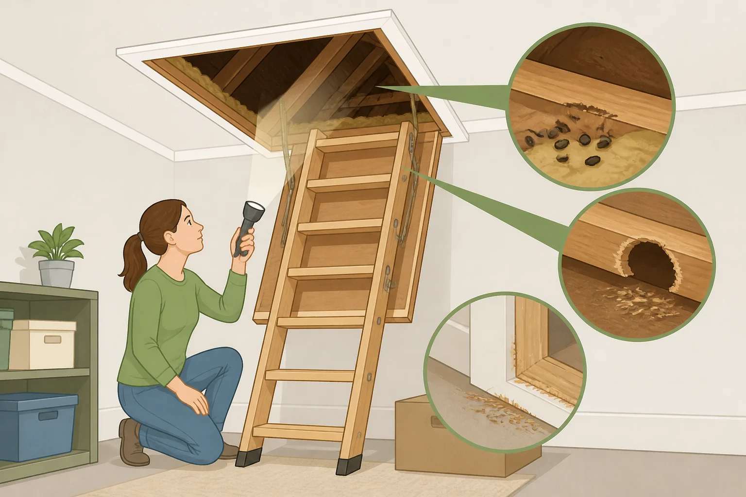 Attic inspection scene showing accessible evidence like droppings, gnaw marks near vents or eaves, and possible exterior entry gaps while keeping hands out of wall cavities
