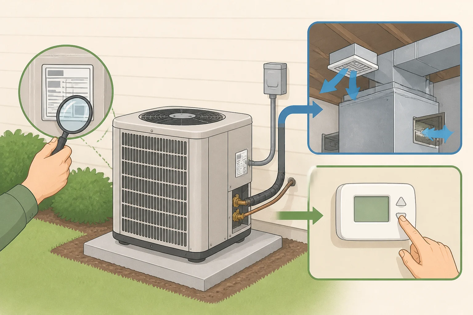 An outdoor condenser and its connecting linework, with a close-up inset of the nameplate model number to identify whether the system is a central air conditioner or heat pump