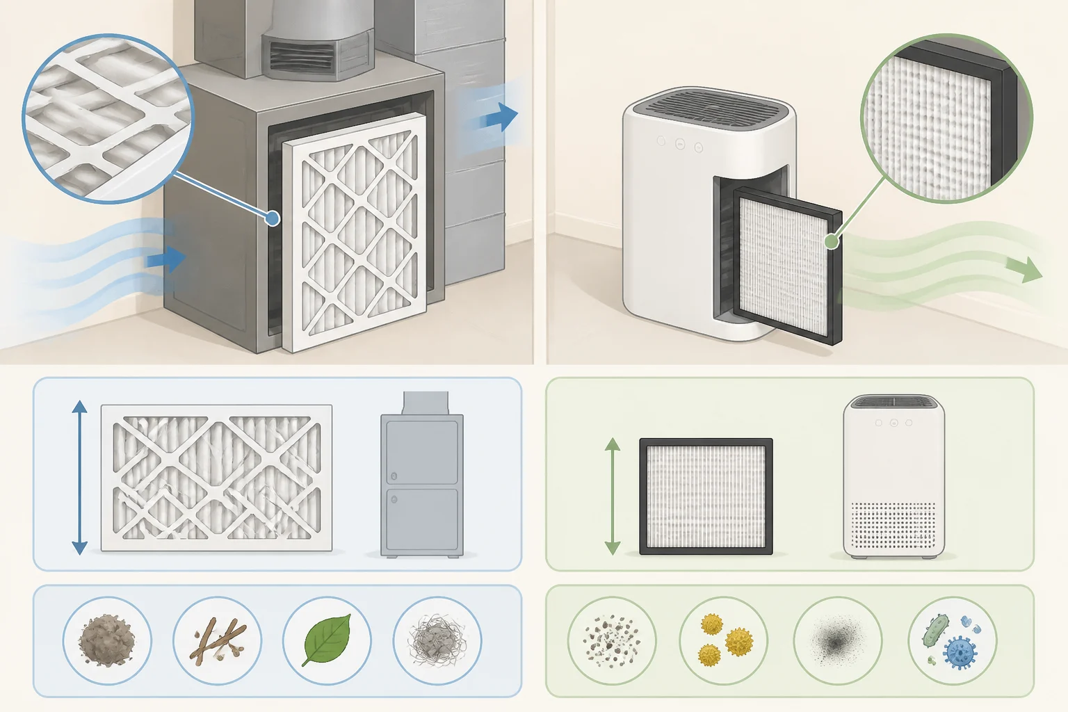 Side-by-side comparison of a central furnace/HVAC filter and a window-unit air filter, showing how whole-home filtration differs from limited filtration in a room air conditioner