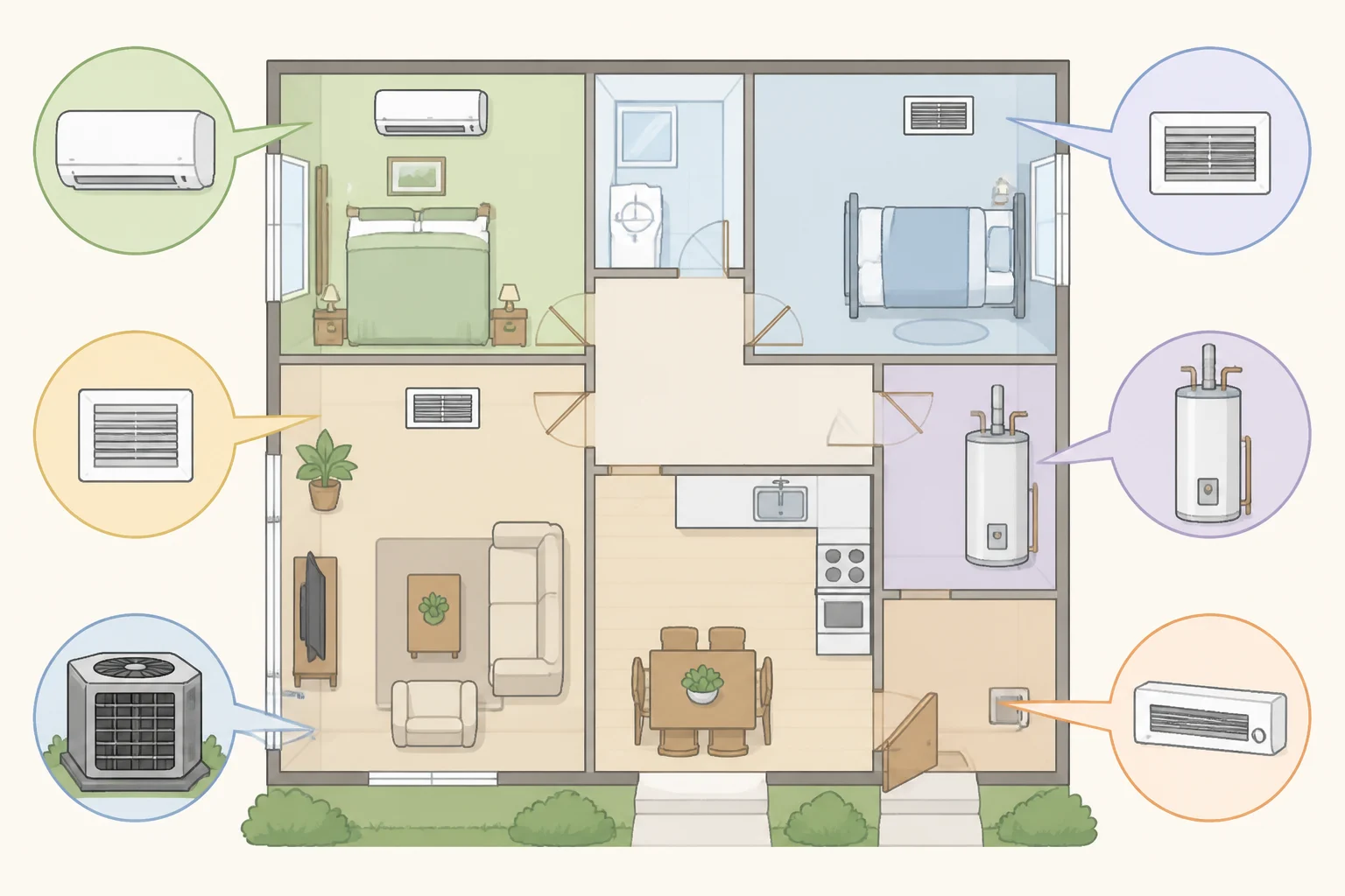 A labeled house layout illustrating how to identify whether an air conditioner vs HVAC system is present by tracking window units, outdoor condensers, ducts, and thermostat locations room by room
