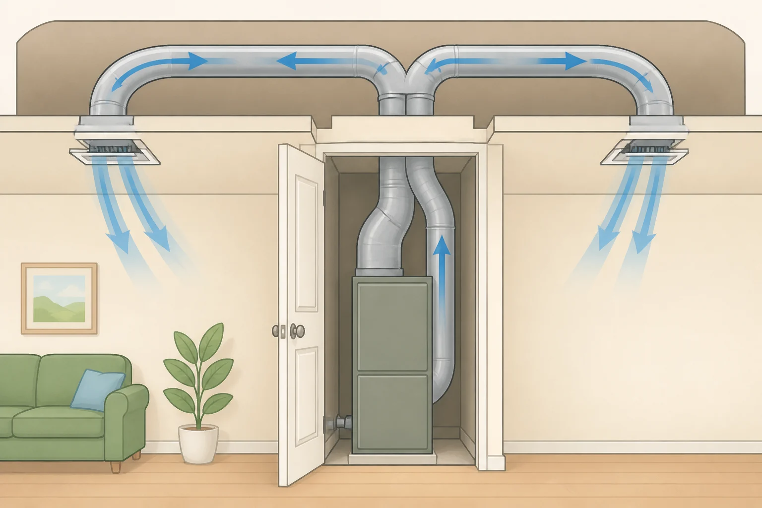 A walkthrough scene showing ceiling duct vents traced back to an air handler in a utility closet, emphasizing that ducts confirm distribution but not the specific heating or cooling equipment