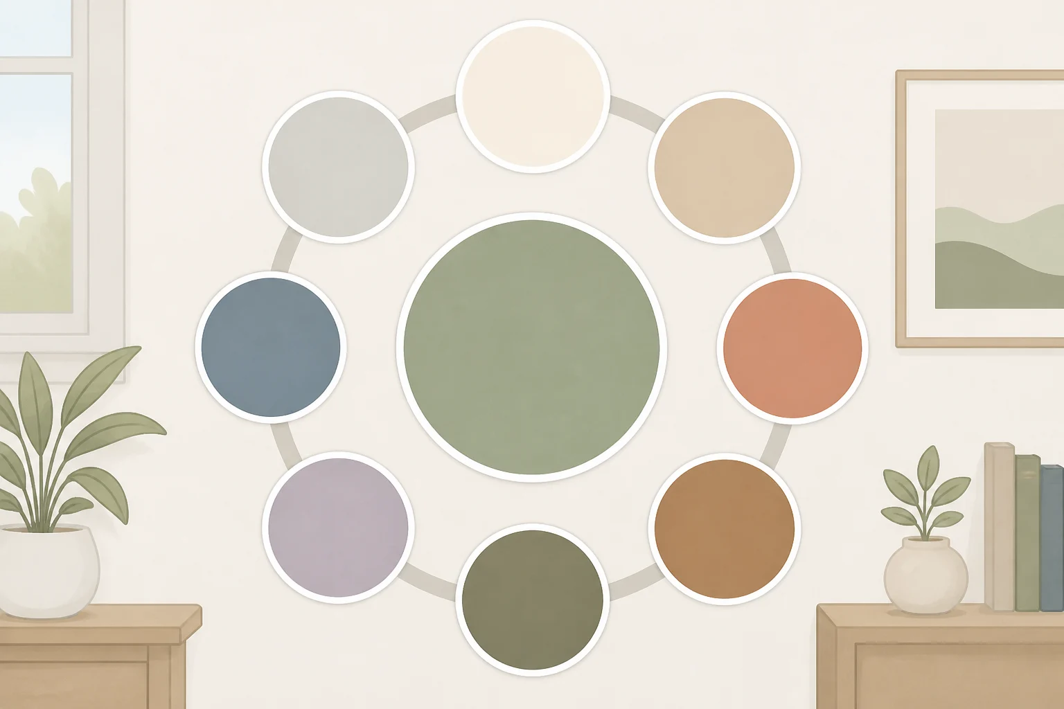 Color palette layout showing Webster Green (HC-130) centered with White Down, Nelson Blue, Wild Aster, Antique Copper, Durango, Townsend Harbor Brown, and Shakespeare Tan swatches