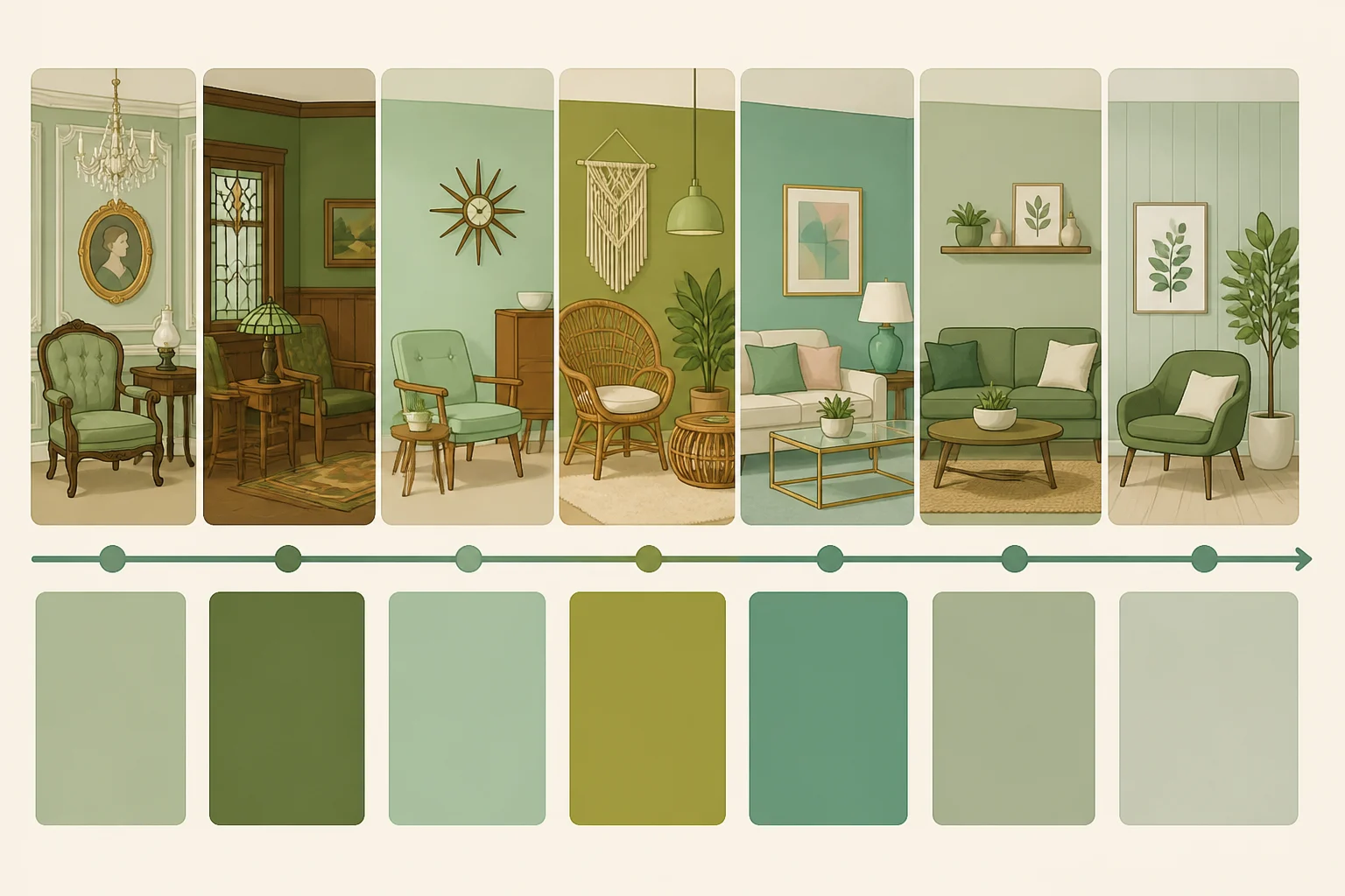 Timeline illustration of how greens appear in 1920s–30s jewel tones, 1950s mint, and today’s sage, pine, and pewter shades leading to Benjamin Moore 2027 Color of the Year Webster Green