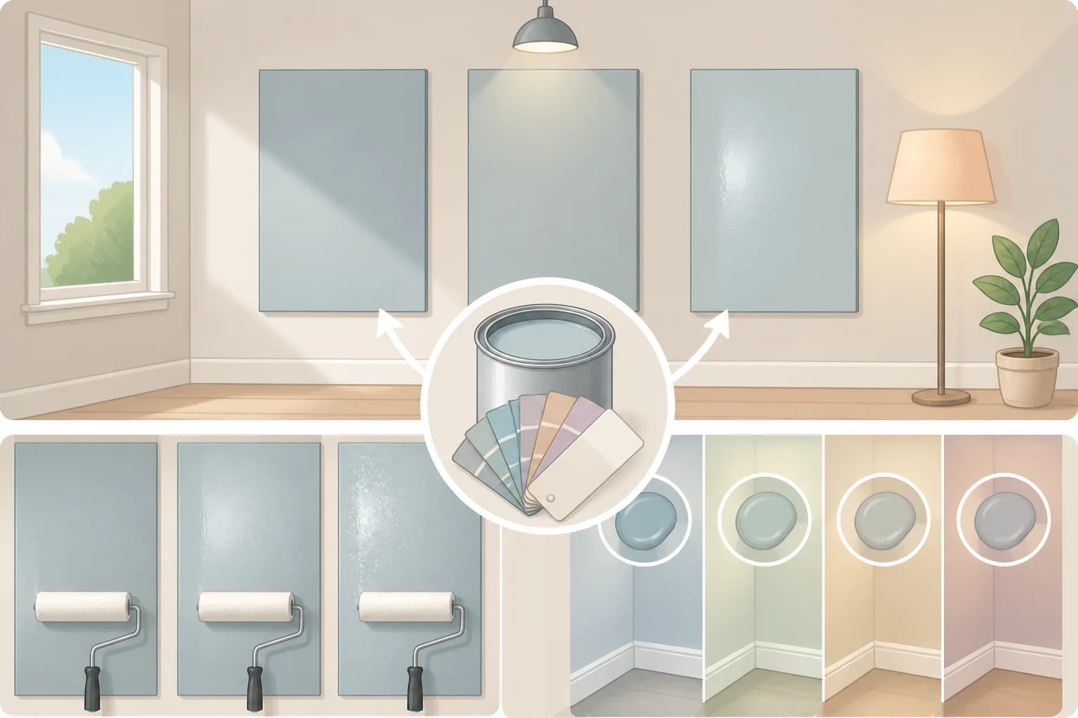 Diagram comparing paint undertones and sheen results across different room lighting setups to explain what buyers should verify for Webster Green before purchasing