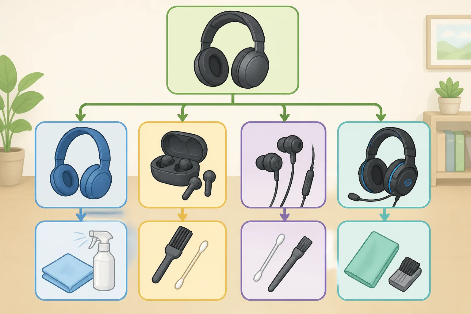 A guide chart showing how to clean headphones by model: AirPods mesh zones, AirPods Pro 3 water-rinse exception, Galaxy Buds4 port brushing, and over-ear/on-ear soap-and-water cleaning
