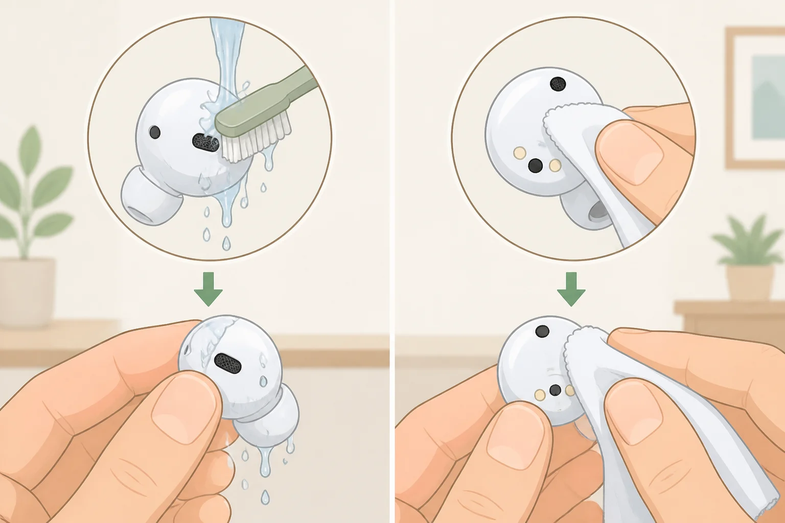 Galaxy Buds4 earbuds cleaning steps showing a soft brush cleaning the ports, then wiping moisture off with a dry cloth while avoiding the sensor surface