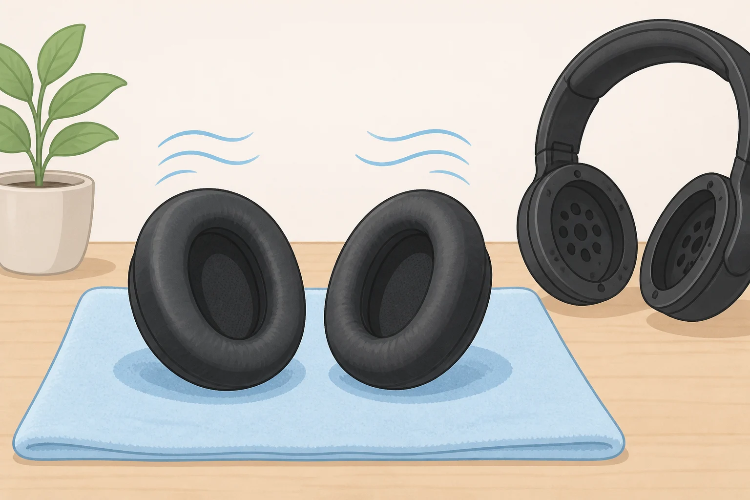 Over-ear headphone cushions laid out to dry completely before reattaching to the shell, preventing trapped moisture near electrical components
