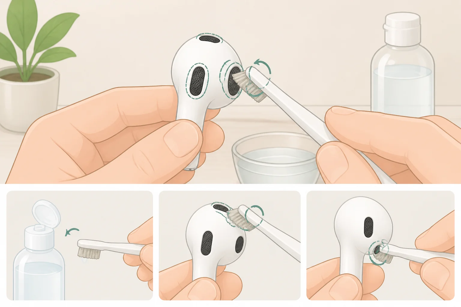 Close-up of AirPods mesh zones being gently brushed with a soft toothbrush dipped in micellar water, with other areas kept untouched