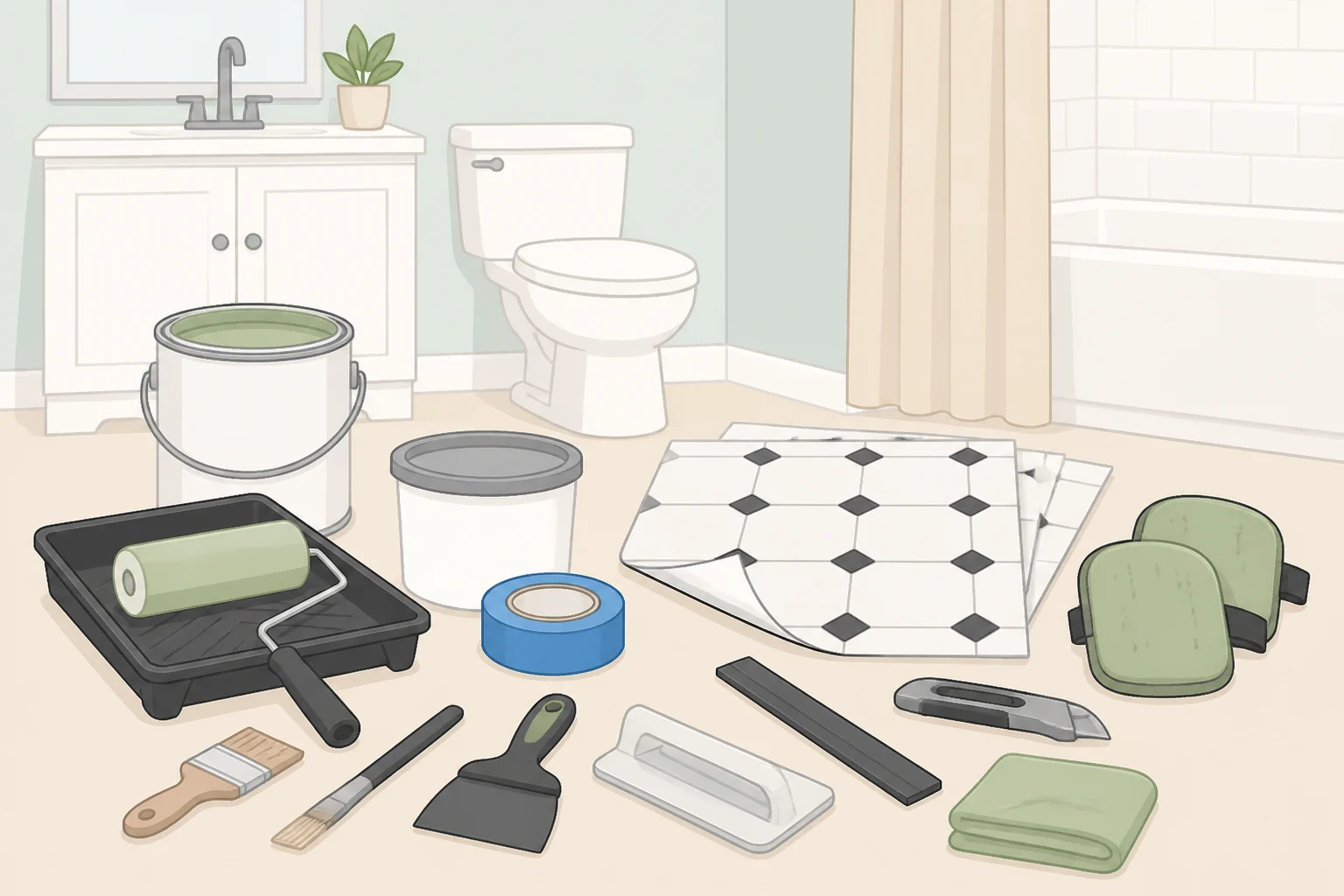 Tools and materials for a budget builder-grade bathroom makeover, including bathroom-rated paint, painter's tape, sandpaper and tack cloth, drop cloth, plastic sheeting, and peel-and-stick tile rolls