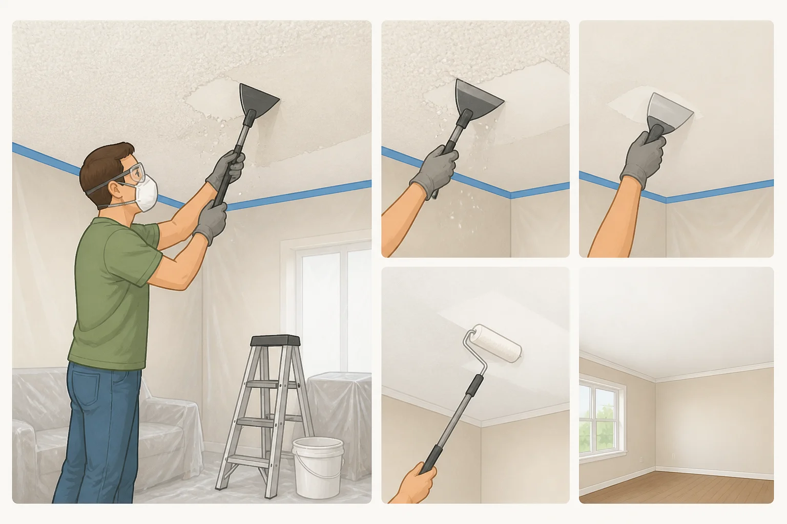 A DIYer scraping a popcorn ceiling to leave a smooth, flat surface ready for bathroom paint