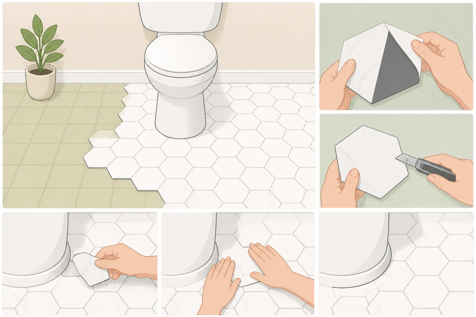 Peel-and-stick hex tile being pressed flat over an older vinyl bathroom floor, with edges fitting cleanly near the toilet base