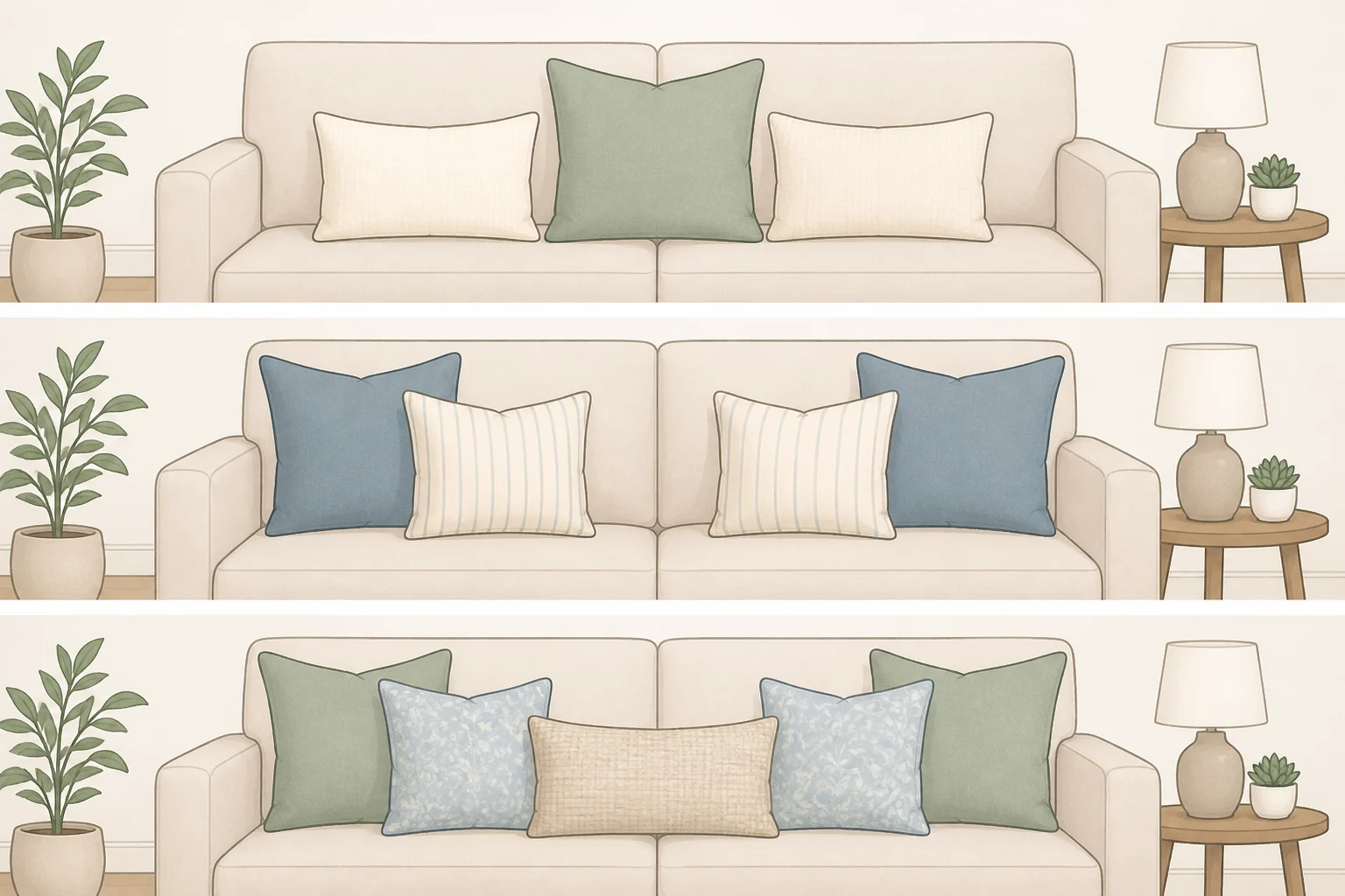 Illustration comparing three-pillow, four-pillow, and five-pillow layouts on a sofa, including back-corner placement and centered lumbar positioning