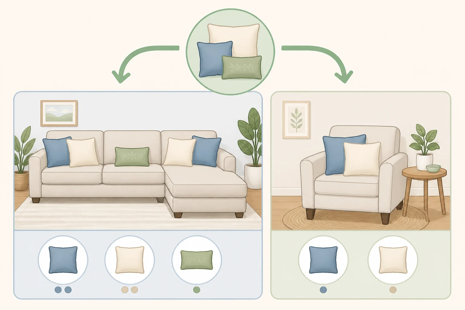 Chart-style illustration showing recommended throw pillow counts and dimensions for a loveseat, standard sofa, sectional with chaise, and armchair