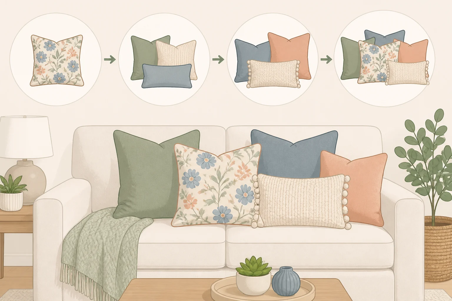 Illustration of a hero throw pillow with mixed pattern scales and layered textures (bouclé, linen, velvet) coordinated to a room's rug or artwork