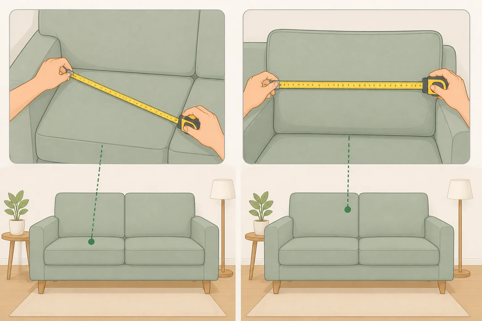Illustration of how to measure seat depth and back cushion width on a sofa to set throw pillow sizes before learning how to style throw pillows